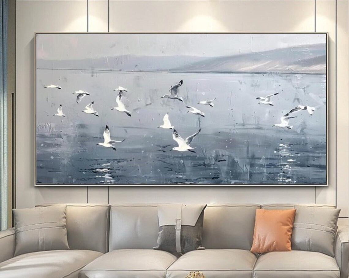 Seagulls Flying Over Grey Seascape Minimalist Bird Art Painting Poster - Image 6