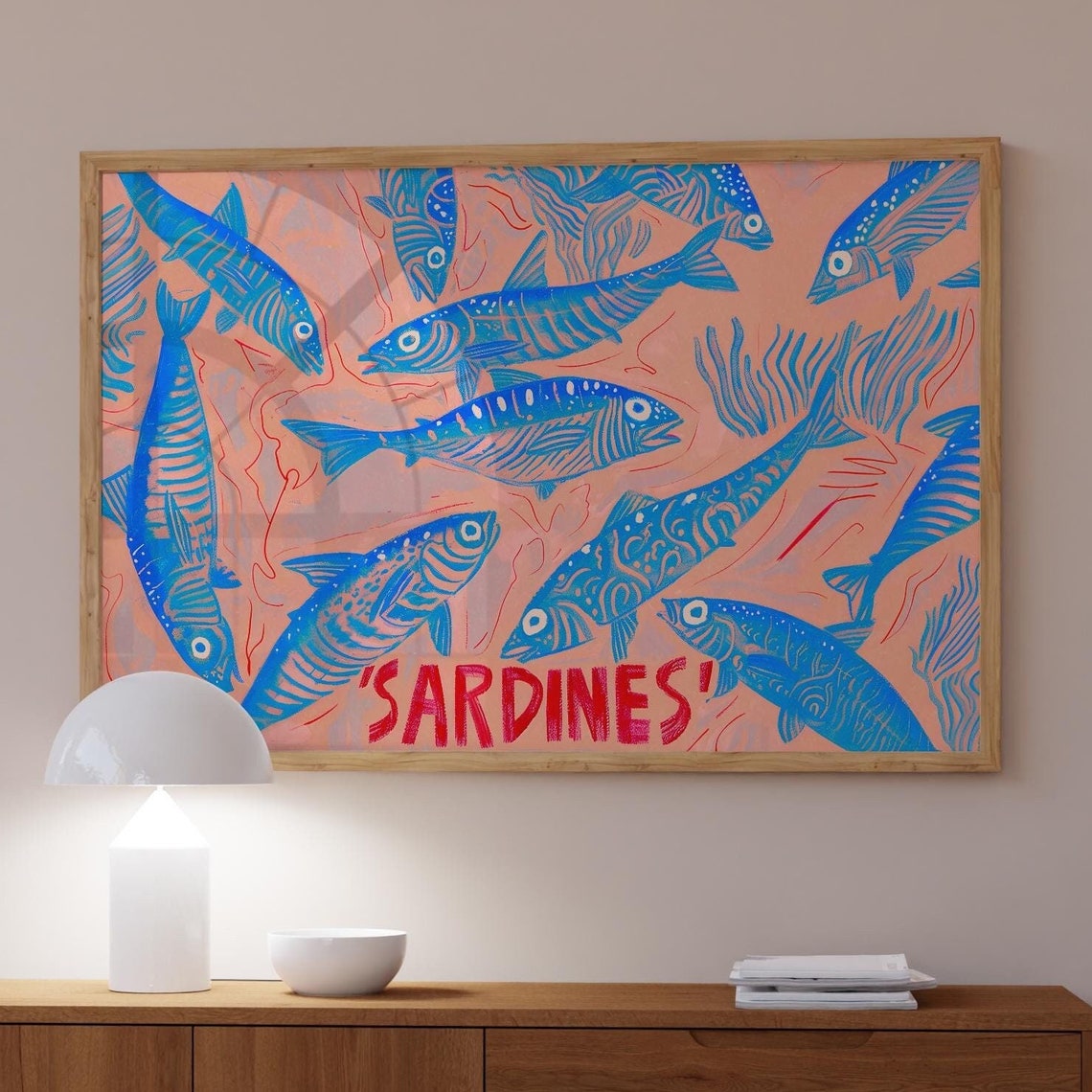 Sardines Blue Fish Retro Pattern Coral Coastal Kitchen Wall Art