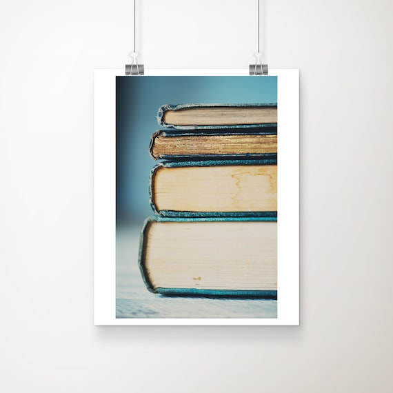 Stack of Vintage Blue Hardcover Books Close-Up Photography Poster
