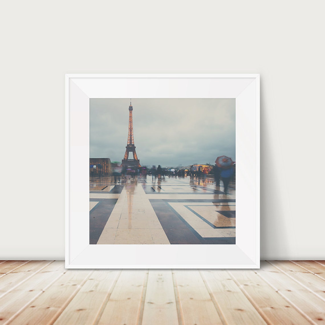 Eiffel Tower Paris in Rain Wet Plaza Reflections Photo Poster