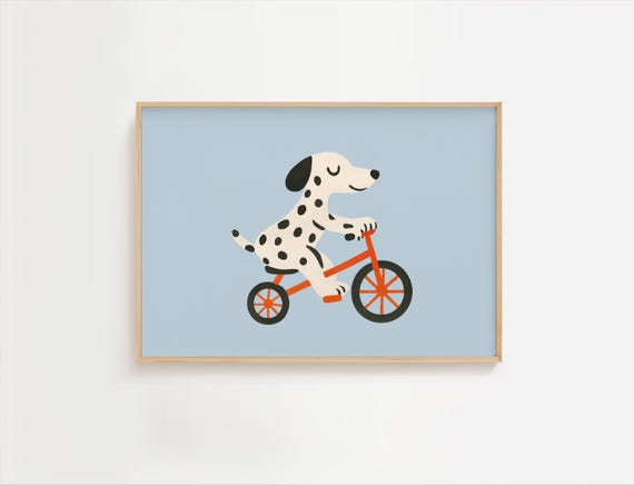 Retro Dog Trike Print Kids Room Decor Tricycle Boho Classroom Playroom Vintage Nursery Boys