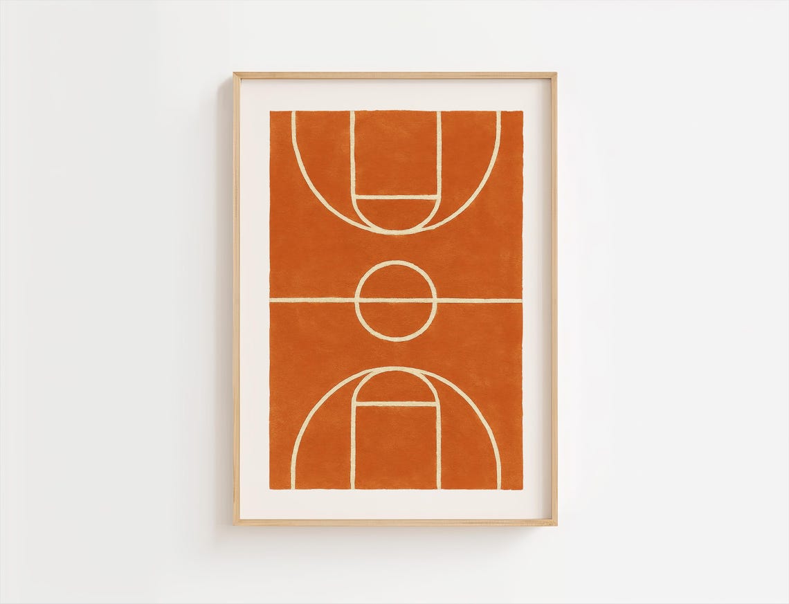 Basketball Court Lines Rustic Orange Minimalist Sports Art Poster
