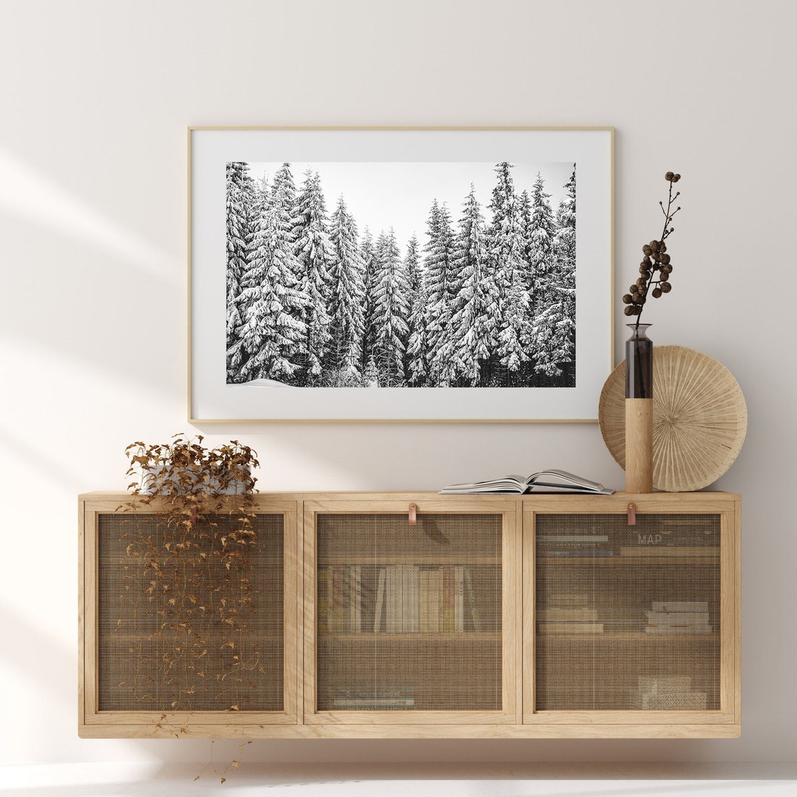 Snow Covered Pine Trees Black White Winter Forest Photo Poster - Image 3