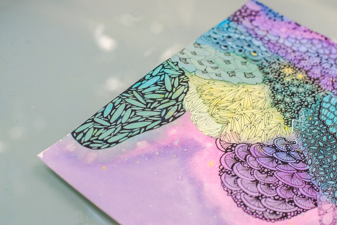 Purple Teal Doodle Mountain Landscape Zentangle Style Art Poster - Image 3
