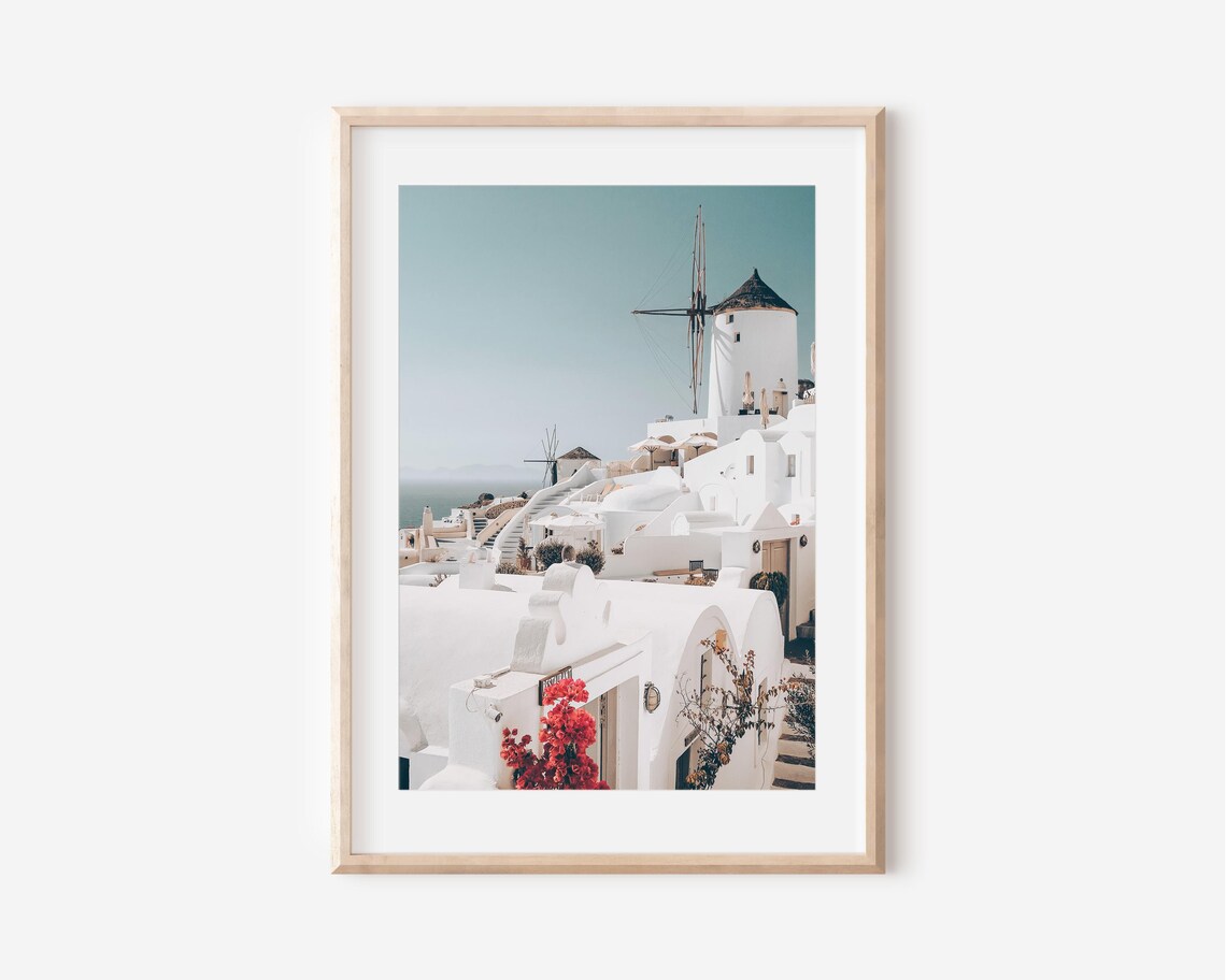 Greek Island Village White Windmill Bougainvillea Travel Photo Poster