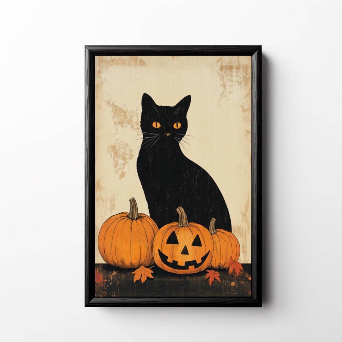 Black Cat with Amber Eyes Pumpkins and Jack O Lantern Halloween Poster