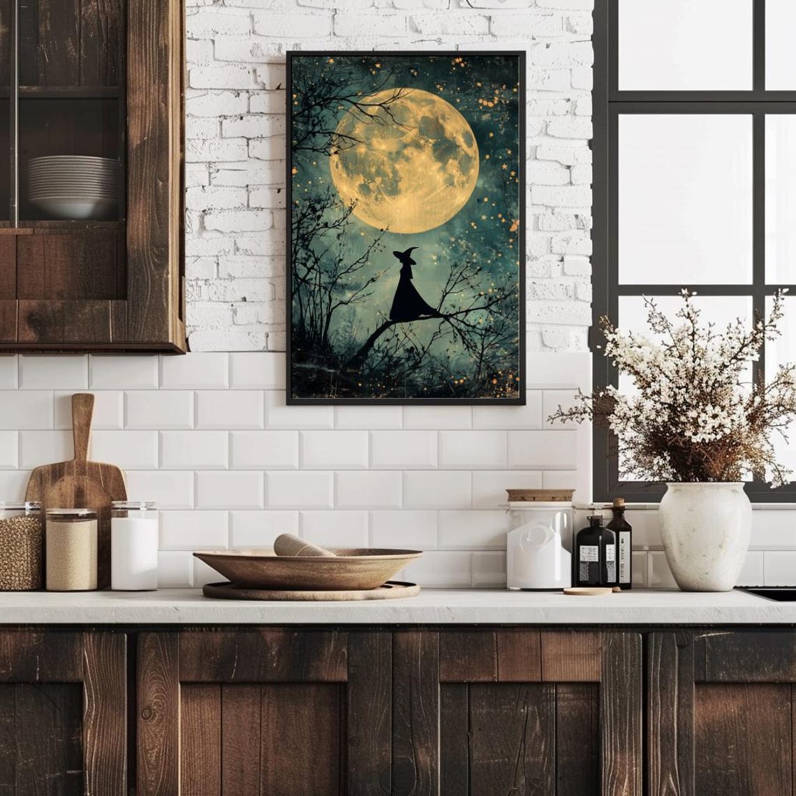 Vintage Full Moon Witch Print Halloween Night Sky Wall Art Witchy Celestial Print Moody Dark Tree Silhouette Stars And Moon Sky - Image 5