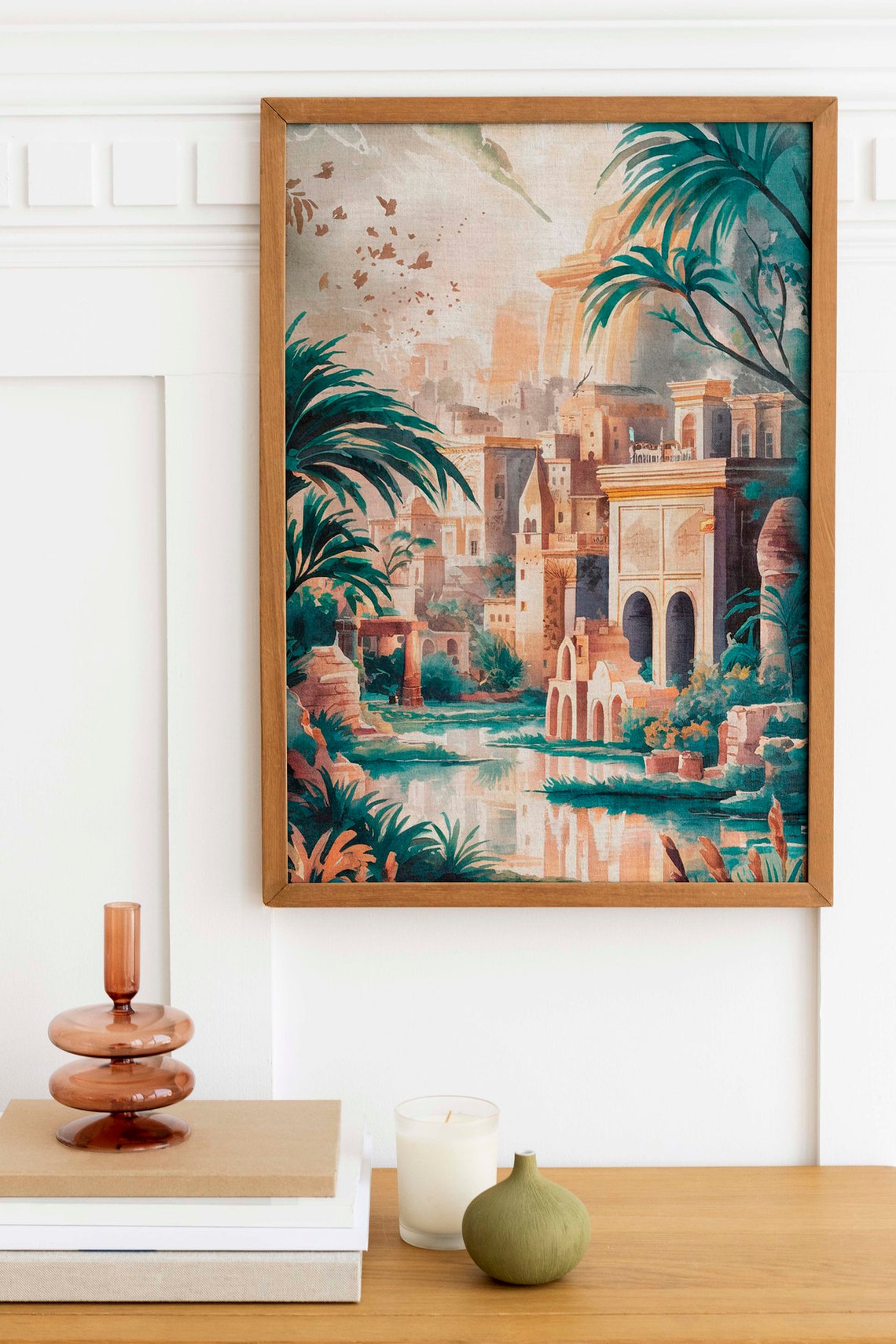 Sunlit Old Town Watercolor With Palm Trees And Lagoon Poster - Image 2