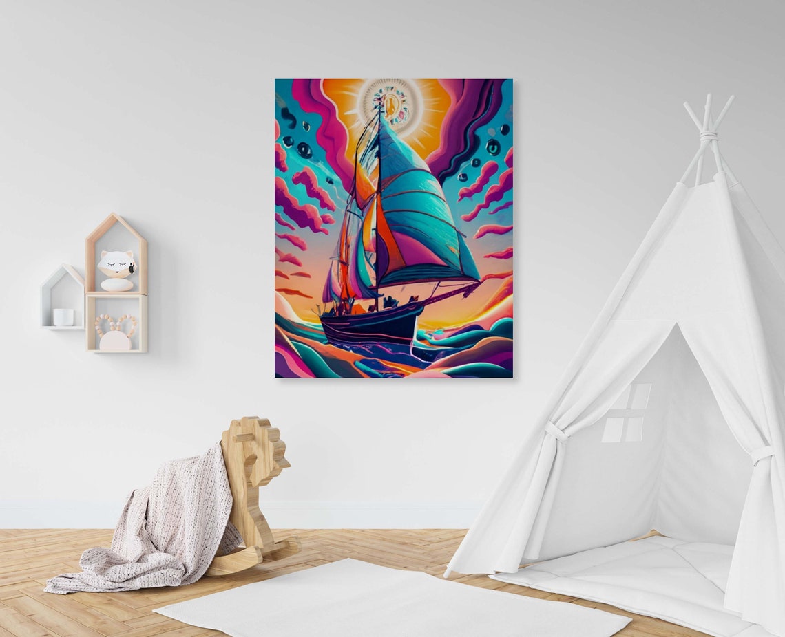 Sailboat At Sunset With Pink Clouds And A Radiant Sun Poster