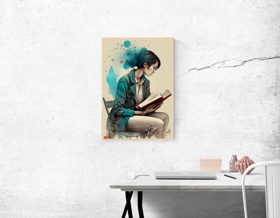 Watercolor Woman Reading Book Lost In Pages Portrait Art Print