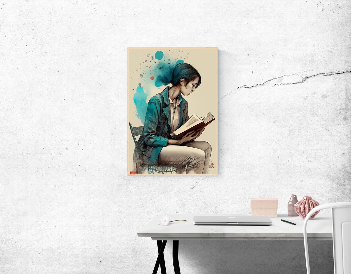 Watercolor Woman Reading Book Lost In Pages Portrait Art Print