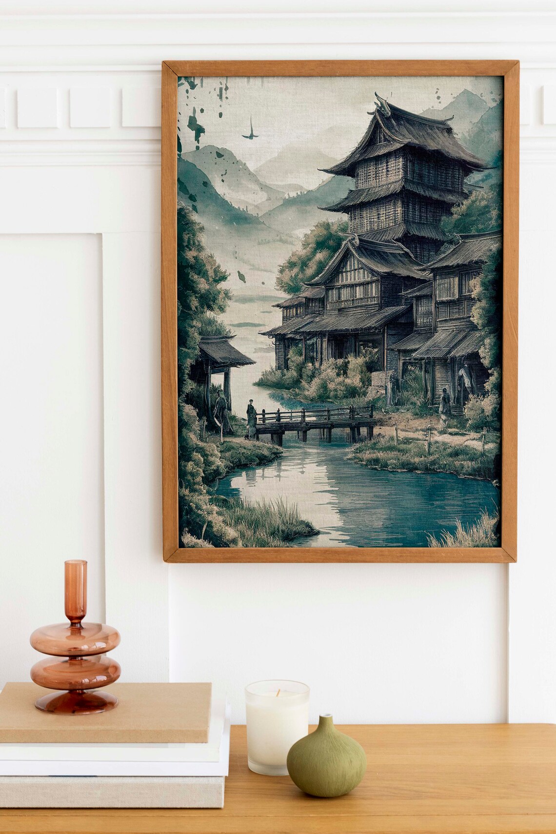 Japanese Castle Reflected in a Still Lake Ink Wash Style Art Poster - Image 2