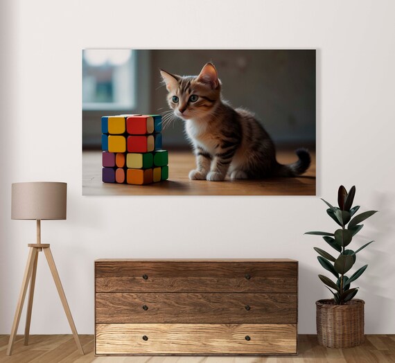 Cute Kitty Cat Posing With Rubik Cube Poster Set Of 1 Image Home Art Decoration Cute Kitten Illustration