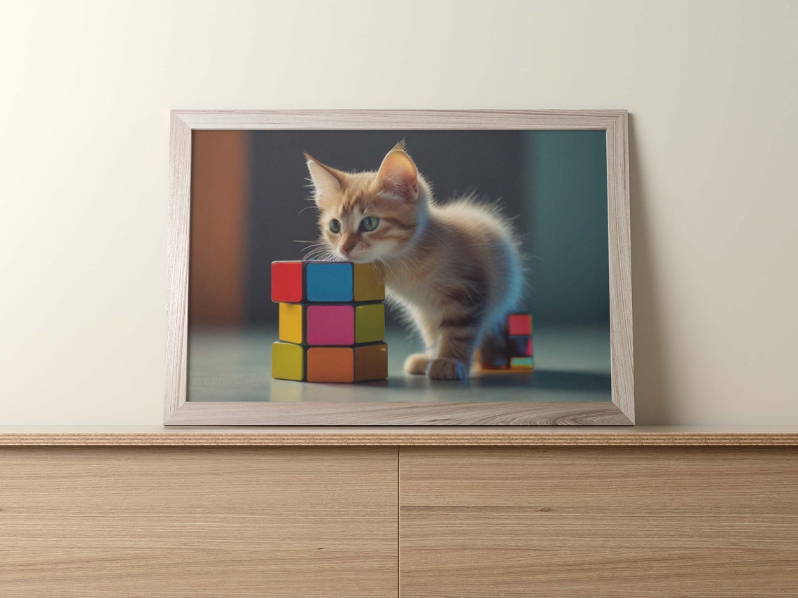 Adorable Orange Tabby Kitten Playing with Colorful Cubes Poster - Image 2