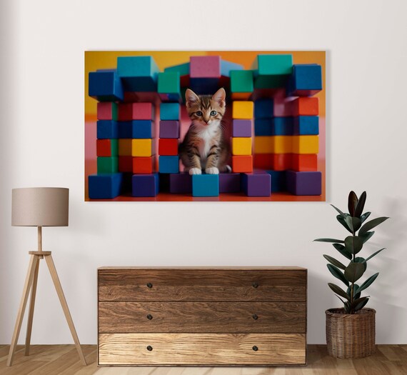 Kitty Cat In A Castle Of Cubes Poster Set Of 1 Image Home Artwork Decoration Cute Kitten Illustration