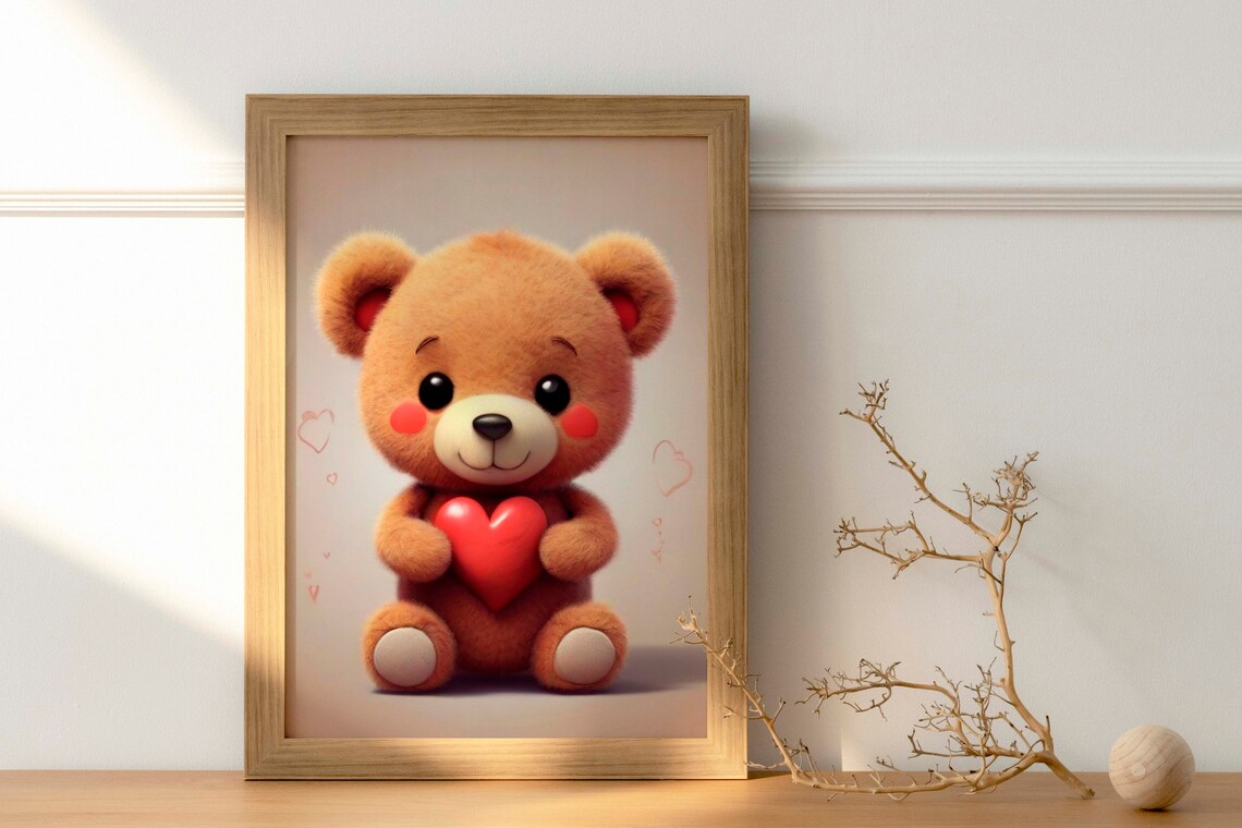 Cute Teddy Bear Holding Red Heart Kids Nursery Room Art Poster - Image 2
