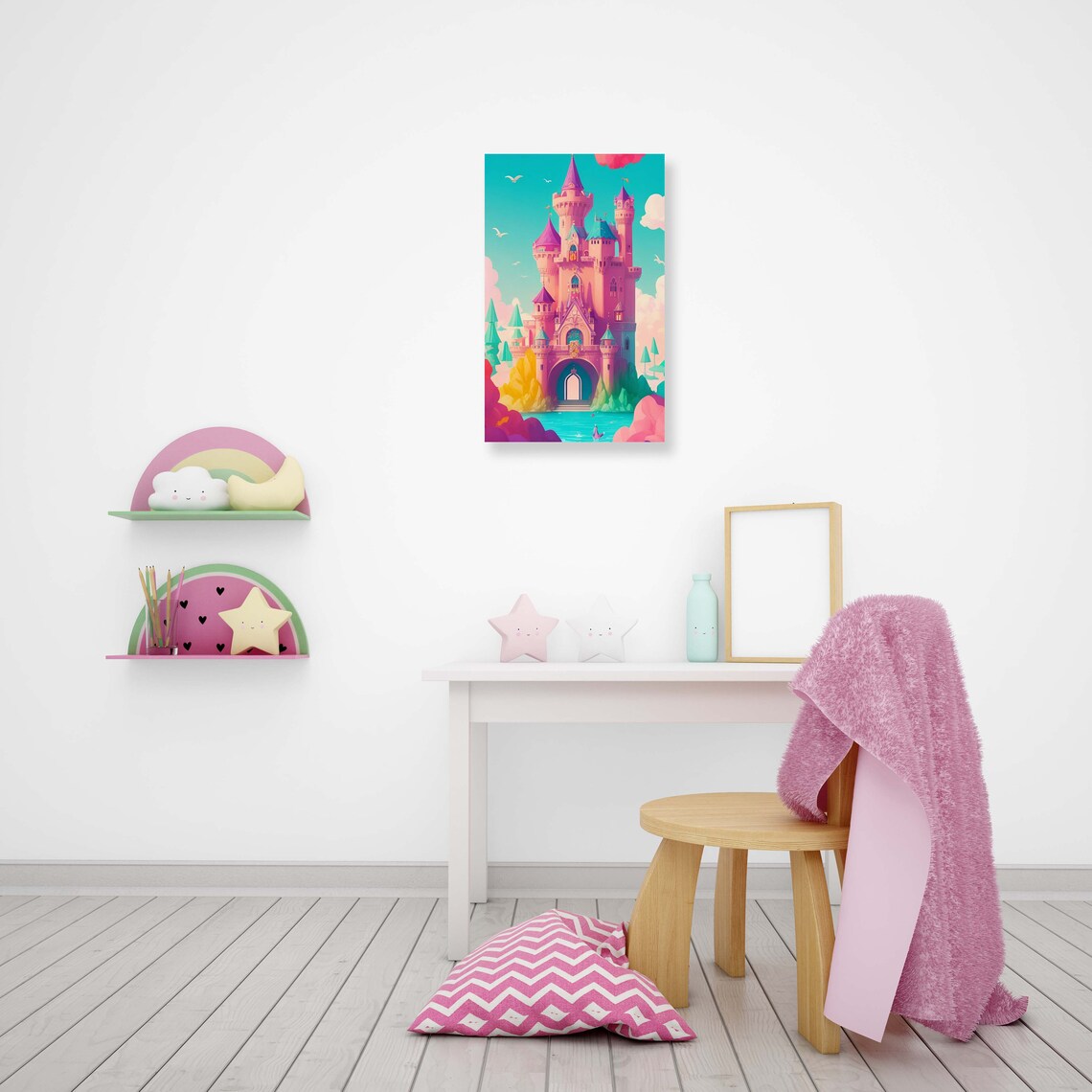 Pink Princess Castle With Colorful Towers Above A Lagoon Poster - Image 2