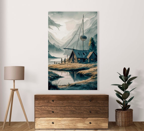 Lakeside Viking House Scene Poster Of 1 Image Lake View Watercolour Wall Art Decoration Commercial Use