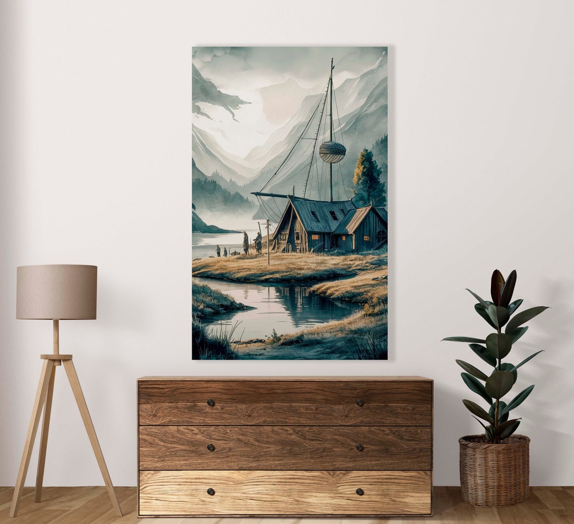 Lakeside Viking House Flying a Flag Watercolor Landscape Poster