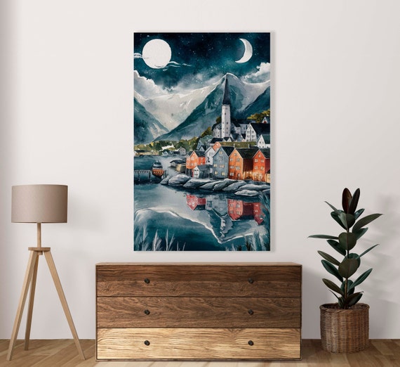 Two Moon Vintage Village Landscape Poster Set Of 1 Jpg Image Illustration Watercolor Wall Art Commercial Use