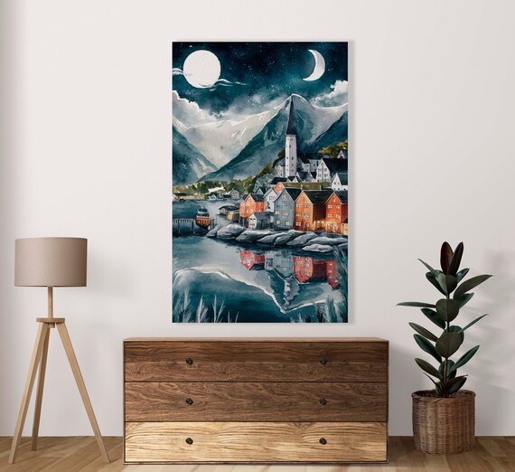 Two Moons Over Snowy Mountain Village Watercolor Night Poster
