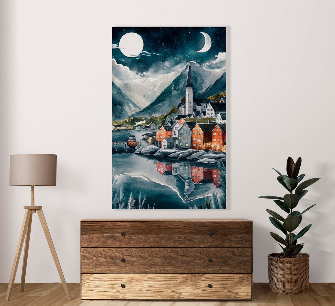 Two Moons Over Snowy Mountain Village Watercolor Night Poster