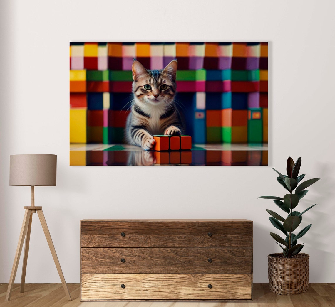 Tabby Kitten With Puzzle Cube Against Rainbow Block Wall Poster