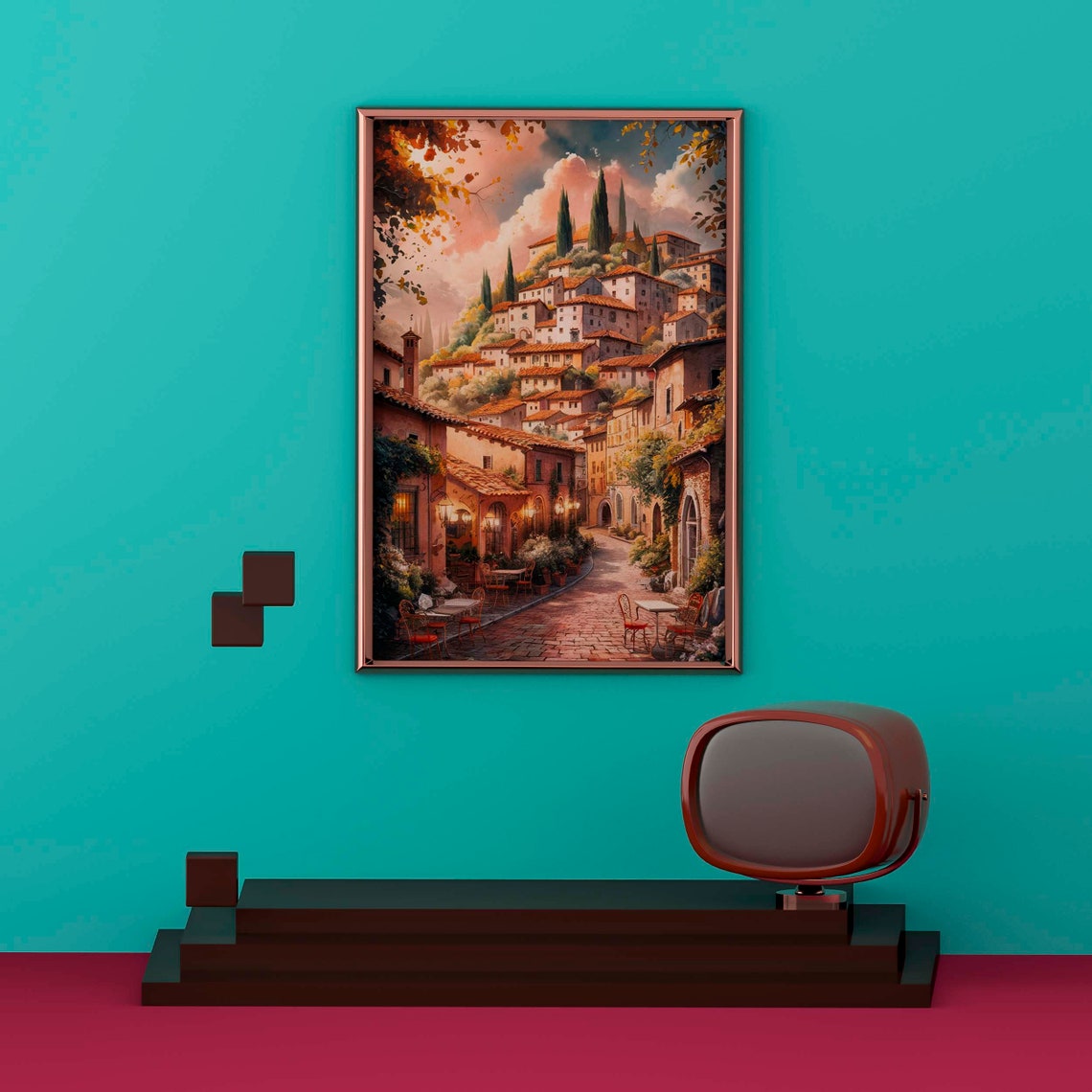 Ancient Roman Hilltop Village Watercolor Illustration Poster - Image 2