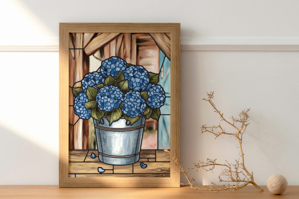 Blue Hydrangea Bloom Bouquet Stained Glass Style Metal Bucket Poster - Image 2