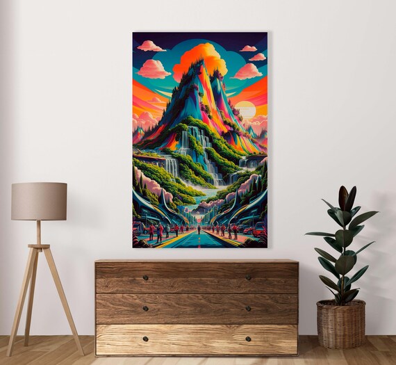 Utopian Mountain Landscape Poster Set Of 1 Jpg Image Fantasy Decor Commercial Use Vibrant Colors Mountain Illustration