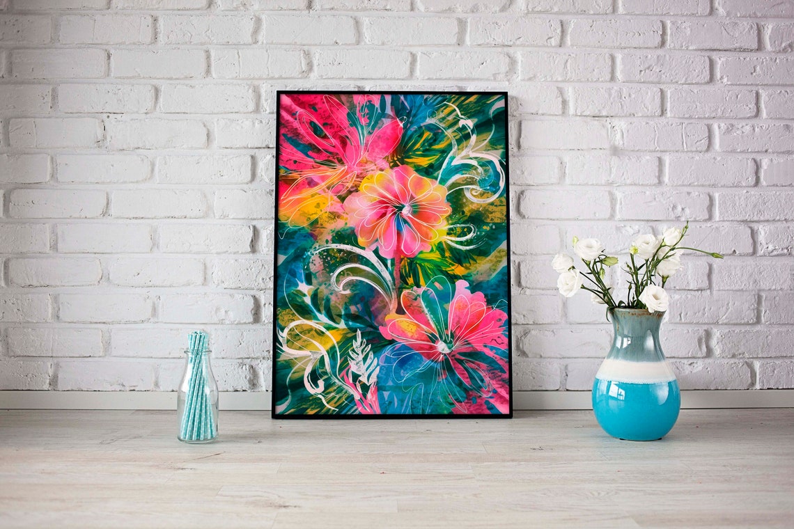 Psychedelic Neon Floral Abstract Pink Teal Flowers Art Poster - Image 2