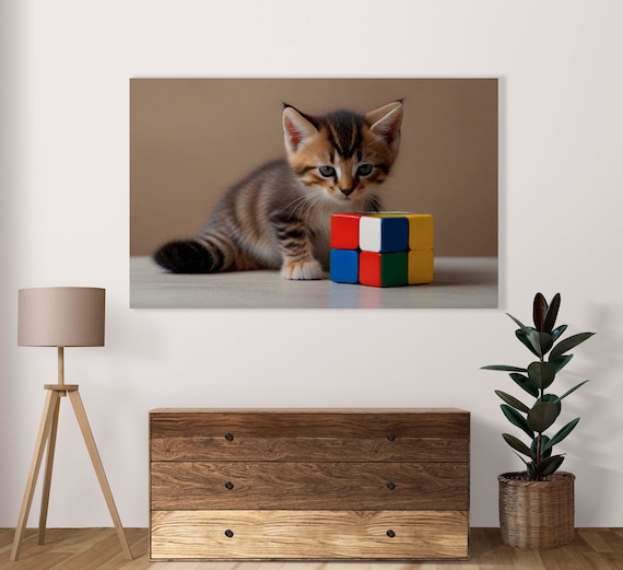 Playful Tabby Kitten With Rainbow Cube Puzzle Funny Cat Poster