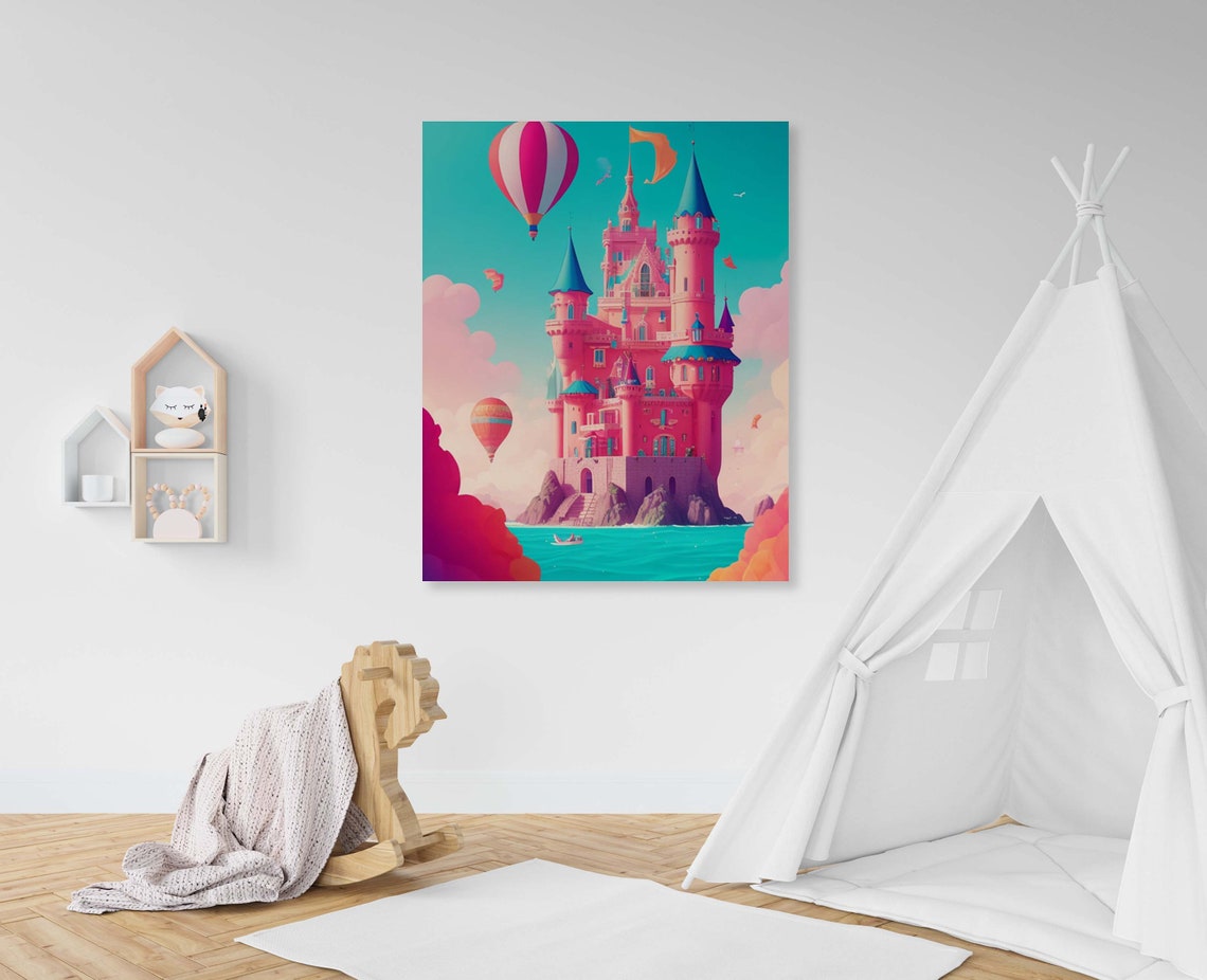 Pink Castle By The Sea With Hot Air Balloons Kids Art Poster