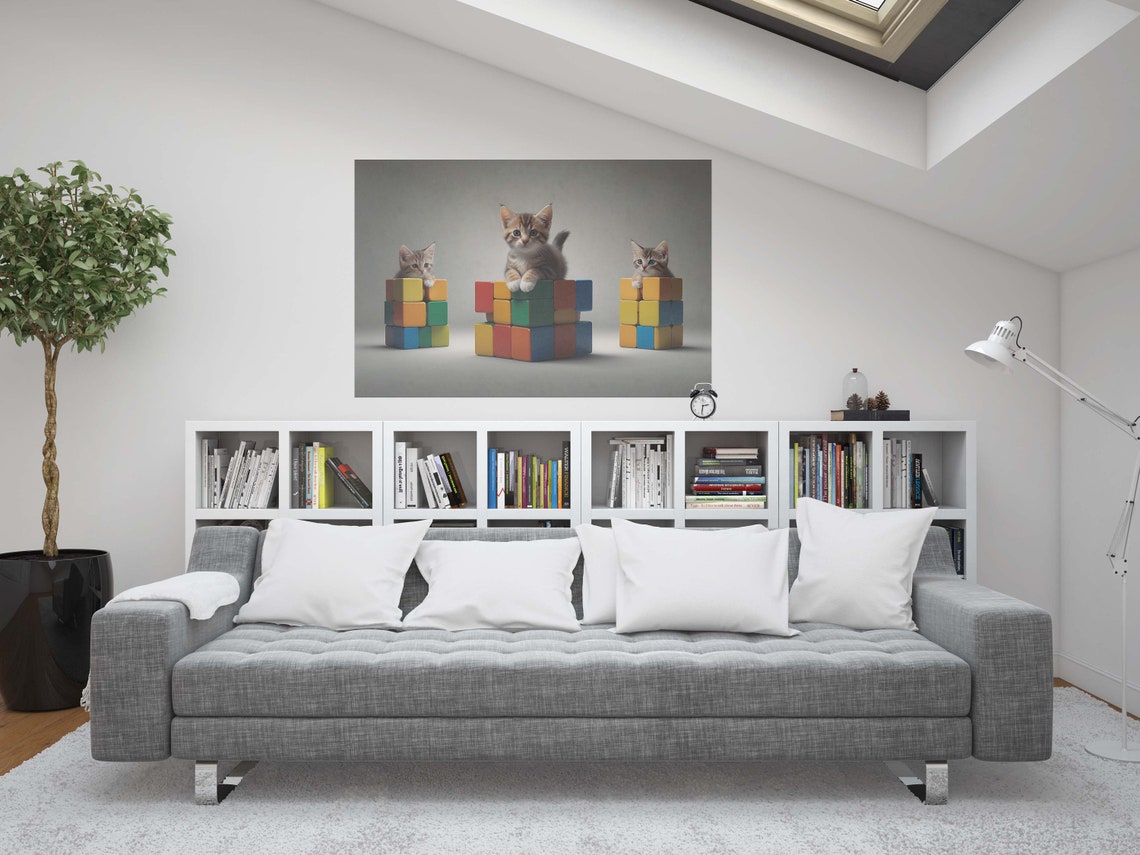 Three Adorable Tabby Kittens Draped Over Rubiks Cube Stacks Poster - Image 2