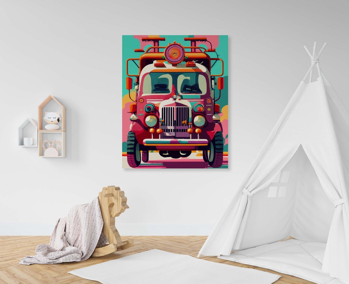 Retro Red Fire Truck Front View With Rooftop Ladder Gear Poster