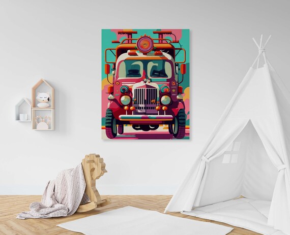 Retro Red Fire Truck Front View With Rooftop Ladder Gear Poster