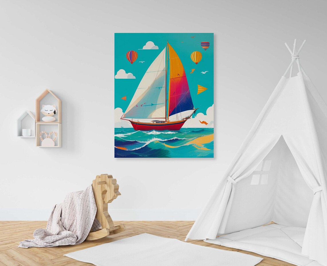 Sailboat And Hot Air Balloons Boys Room Adventure Art Poster