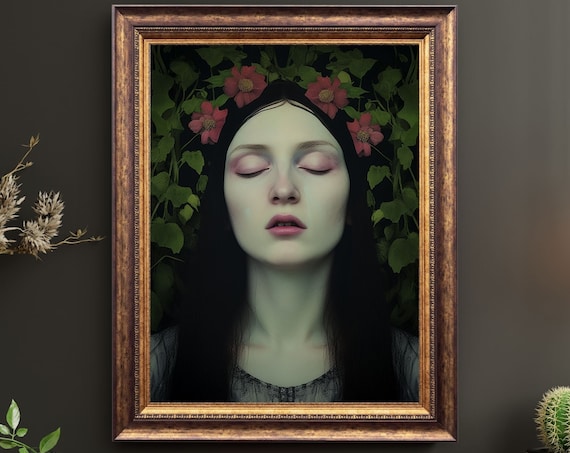Sleeping Woman Portrait Dark Botanical Pink Flowers Moody Art Poster