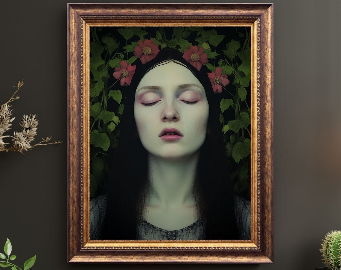 Sleeping Woman Portrait Dark Botanical Pink Flowers Moody Art Poster
