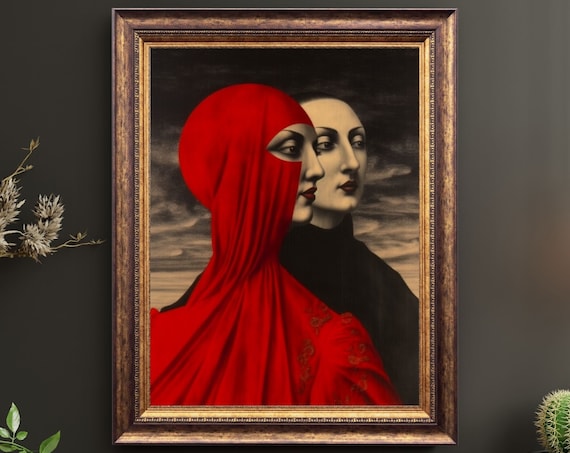 Red Veiled Woman Portrait Dramatic Dual Face Dark Moody Art Style Poster