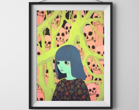Dreamy Blue Haired Girl Pink Skull Garden Surreal Art Poster
