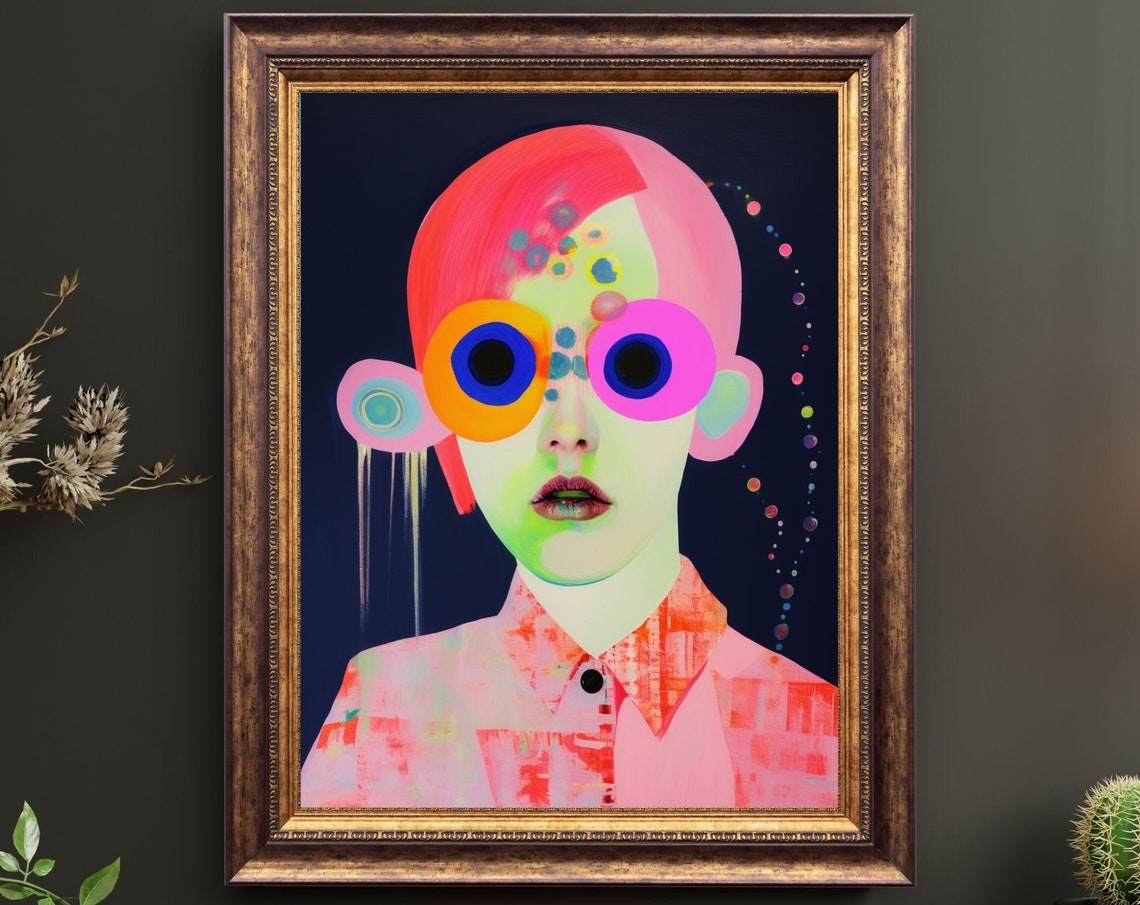 Neon Ring Eyes Surreal Portrait Bold Colorful Abstract Art Print