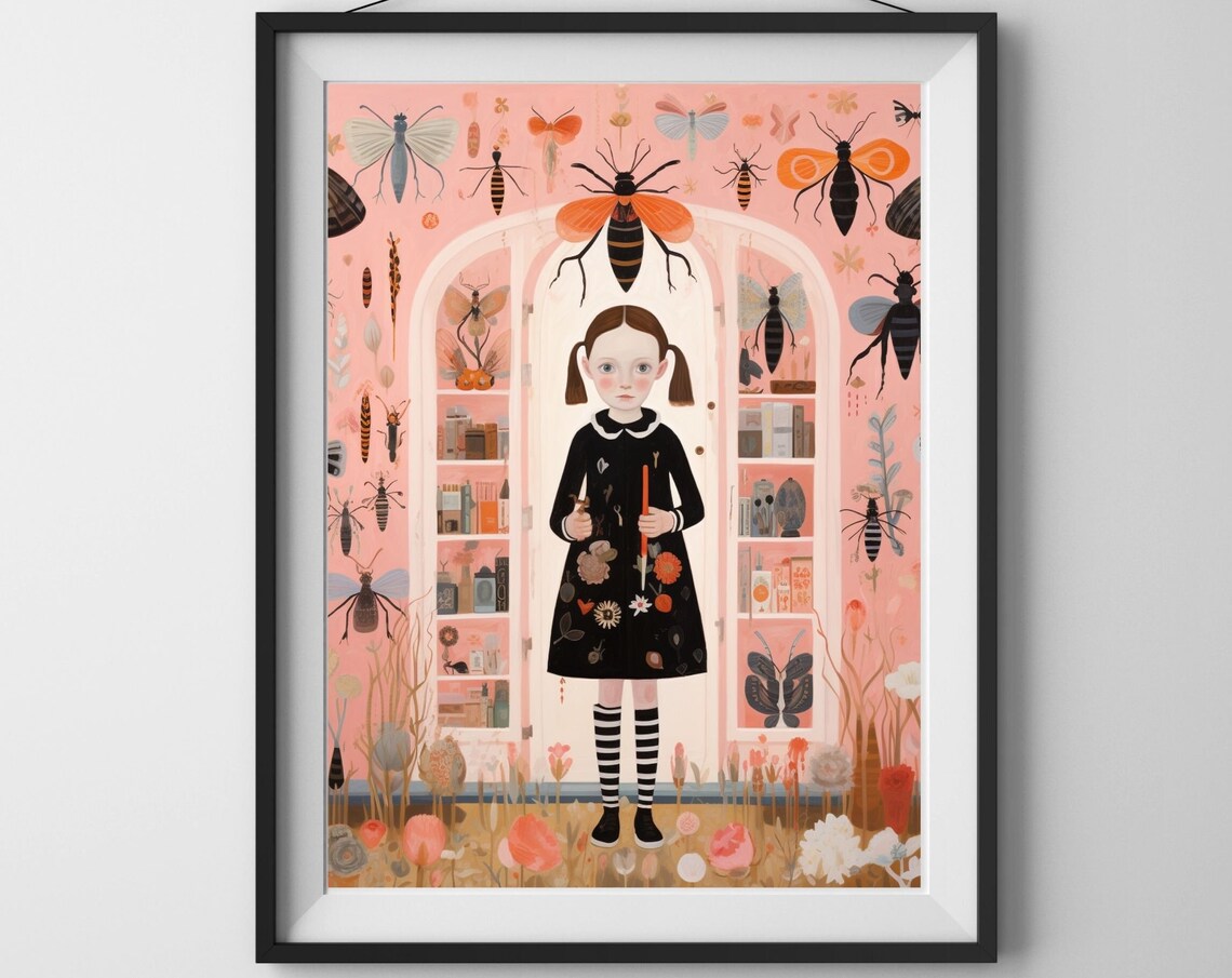 Insect Collector Girl Portrait Pink Background Bugs Whimsical Art Poster