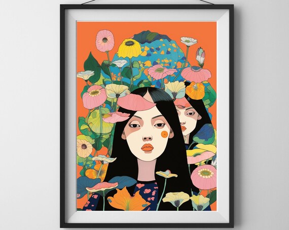 Dreamy Woman Among Poppies Bold Orange Pop Art Portrait Poster