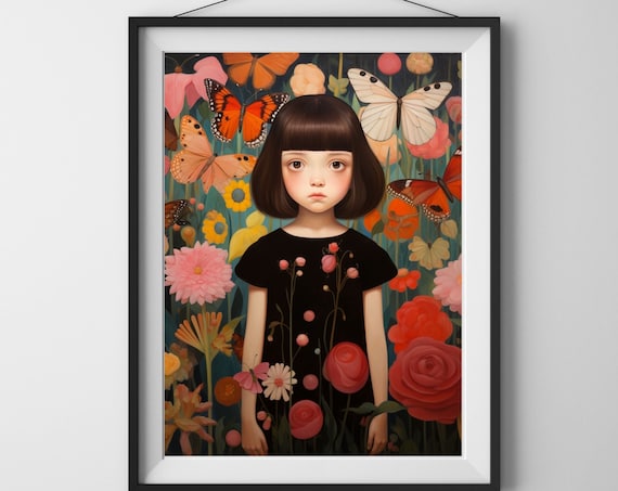 Girl Among Butterflies Floral Portrait Vivid Blooms Whimsical Art Poster
