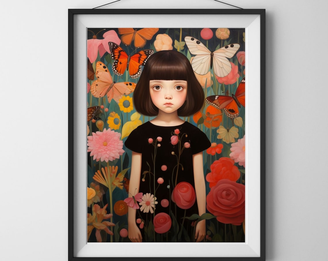 Girl Among Butterflies Floral Portrait Vivid Blooms Whimsical Art Poster