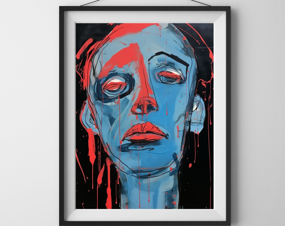 Bold Blue Face Expressionist Painting Red Paint Drips Black Art Poster