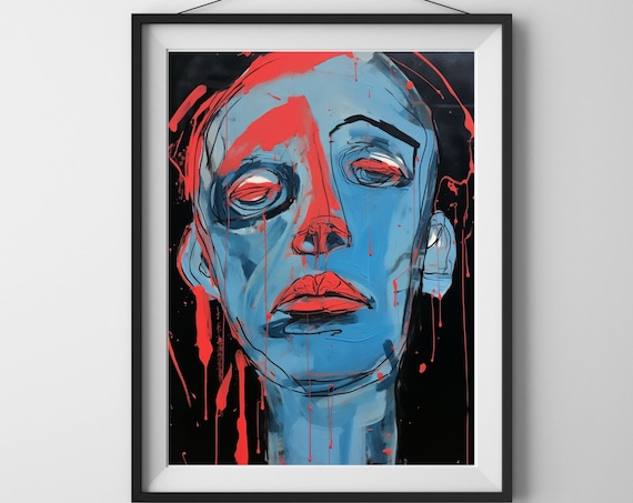 Bold Blue Face Expressionist Painting Red Paint Drips Black Art Poster