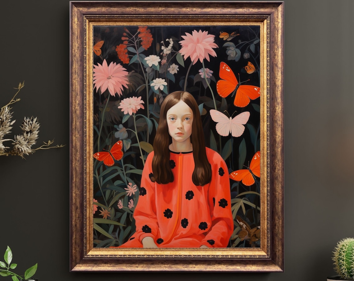 Butterfly Girl Red Dress Dark Floral Night Garden Portrait Art Poster