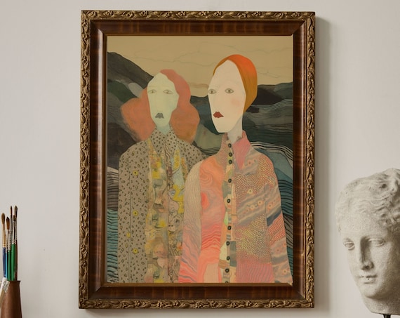 Twin Redhead Women Stylized Portrait Patterned Dresses Vintage Art Print